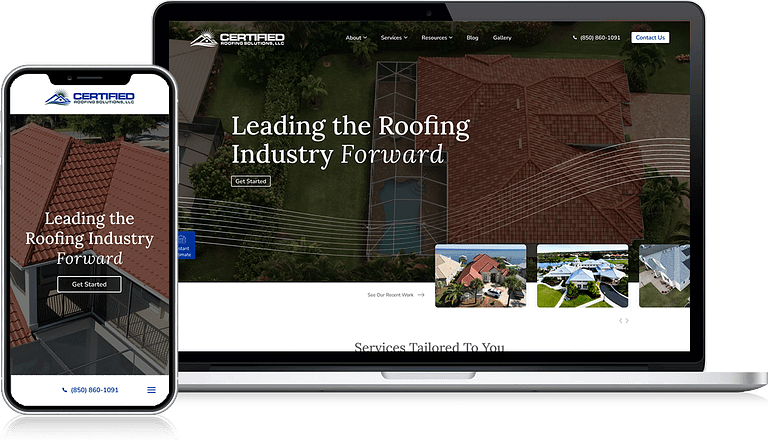 Displayed on a laptop and smartphone, our dynamic roofing website features breathtaking aerial views of tiled roofs alongside a streamlined menu. Prominently branded with the promise "Leading the Roofing Industry Forward," essential contact details are easily accessible on mobile devices.
