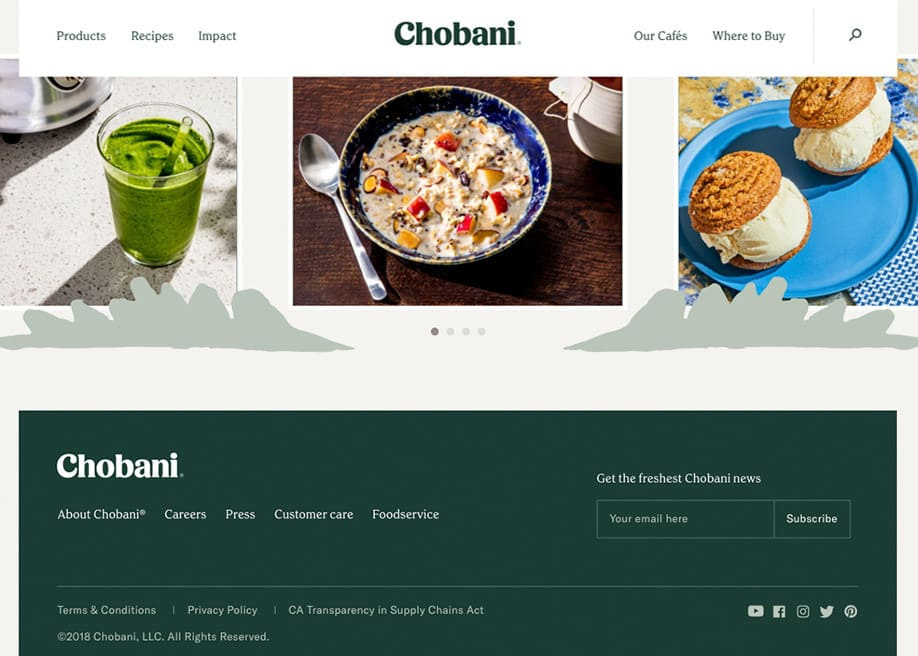 Chobani Footer Design - Web design bottom of page inspiration