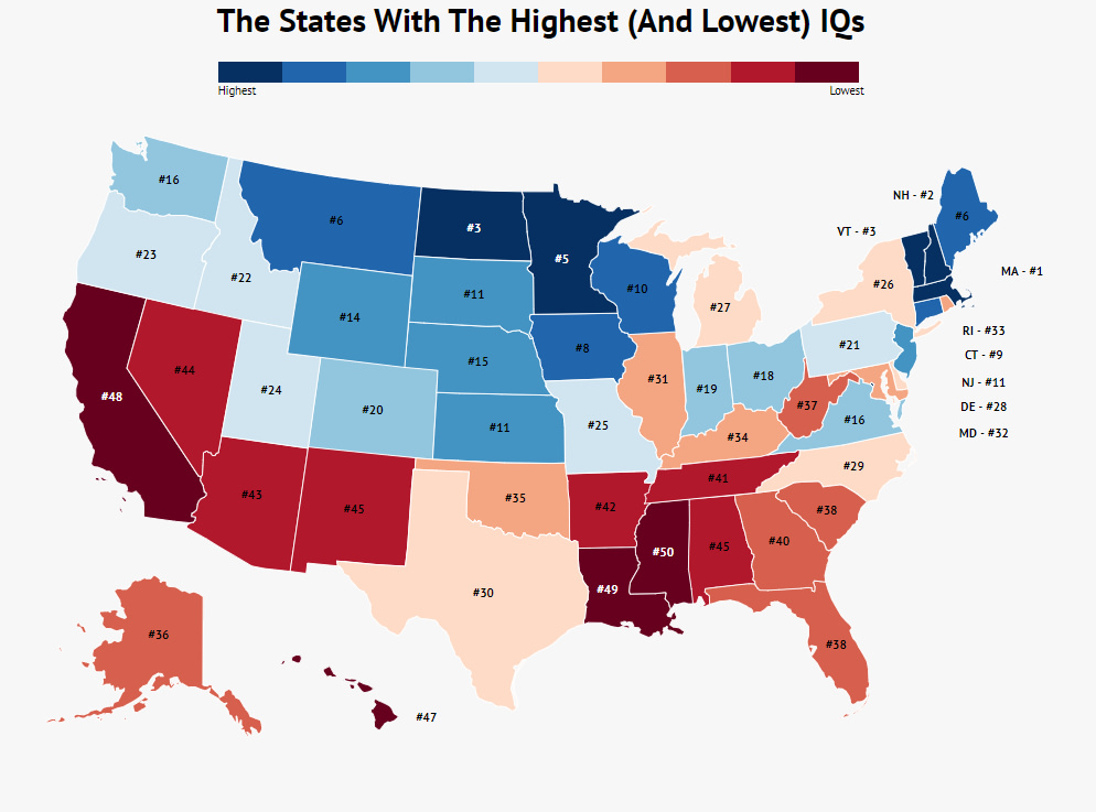 Explore the IQ rankings across the United States on Hook Agency's website. Massachusetts leads at #1, while Mississippi ranks #50. The map features a color gradient from blue (highest IQ) to red (lowest IQ), providing a clear visual representation of intelligence distribution nationwide—ideal for those curious about Minnesota's standing.