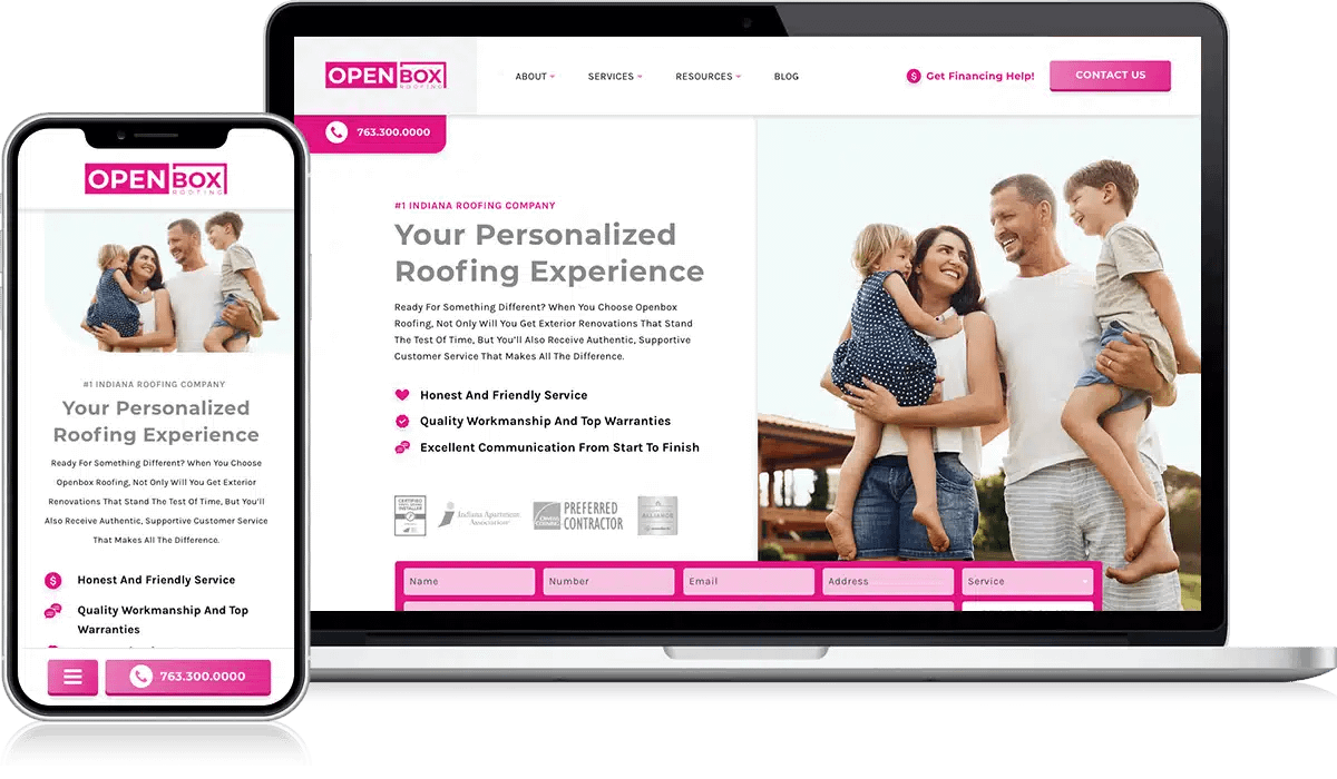 Open Box Roofing Website Design - Roofer Web Design content and features