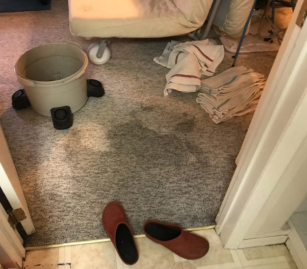 wet carpet on floor towels
