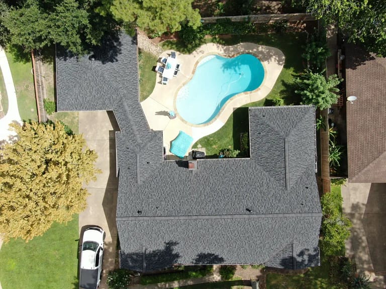 Downward drone photo of full roof replacement project completed by Kraft Roofing