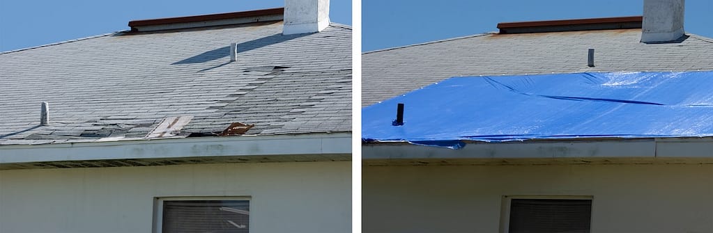 Before and after temporary repair on a badly storm damaged roof