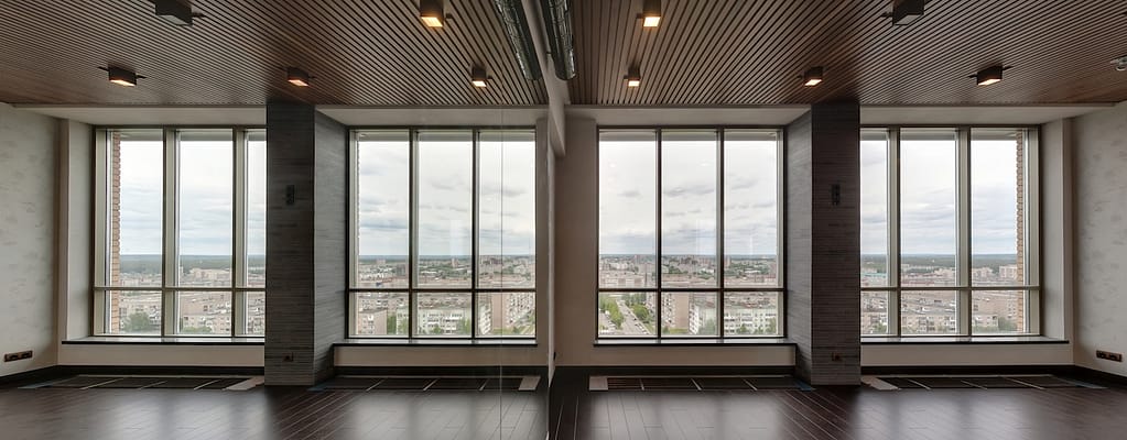 big glass window in the modern building.