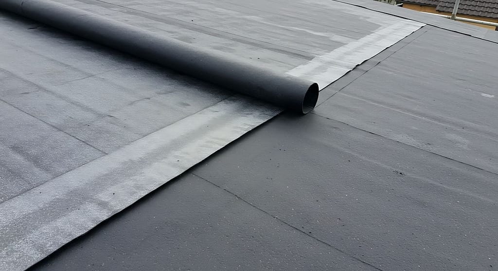 Laying a new layer of dark grey waterproofing membrane on a flat roof