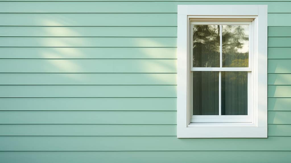 mint green house with a white window