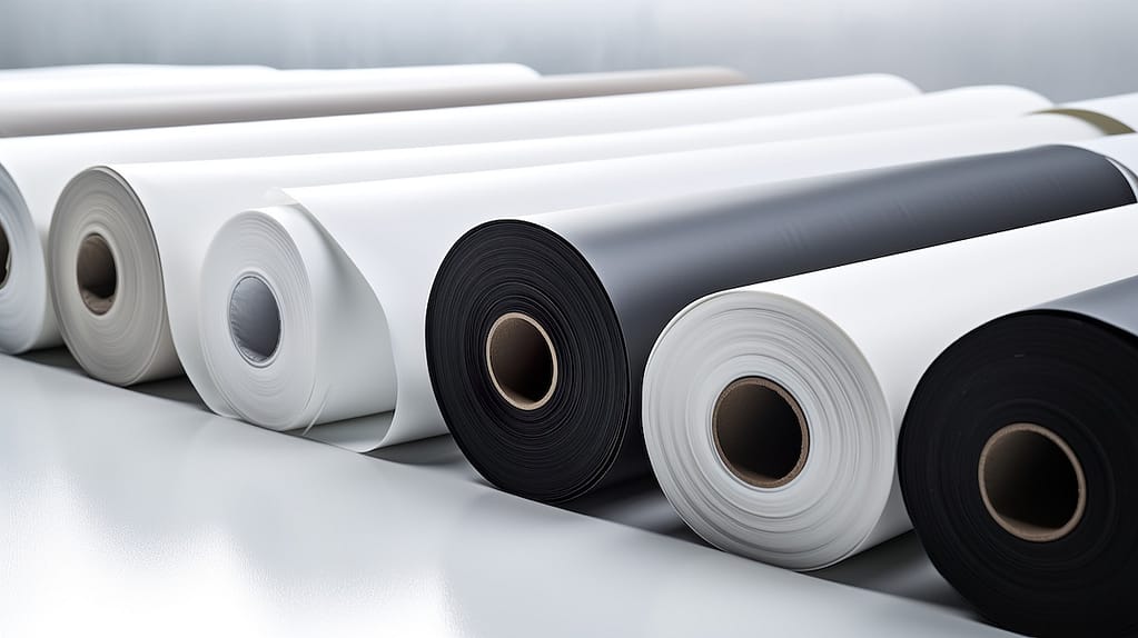 rolls of white and black silicone roofing material
