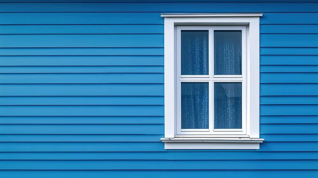 bright blue house with white window