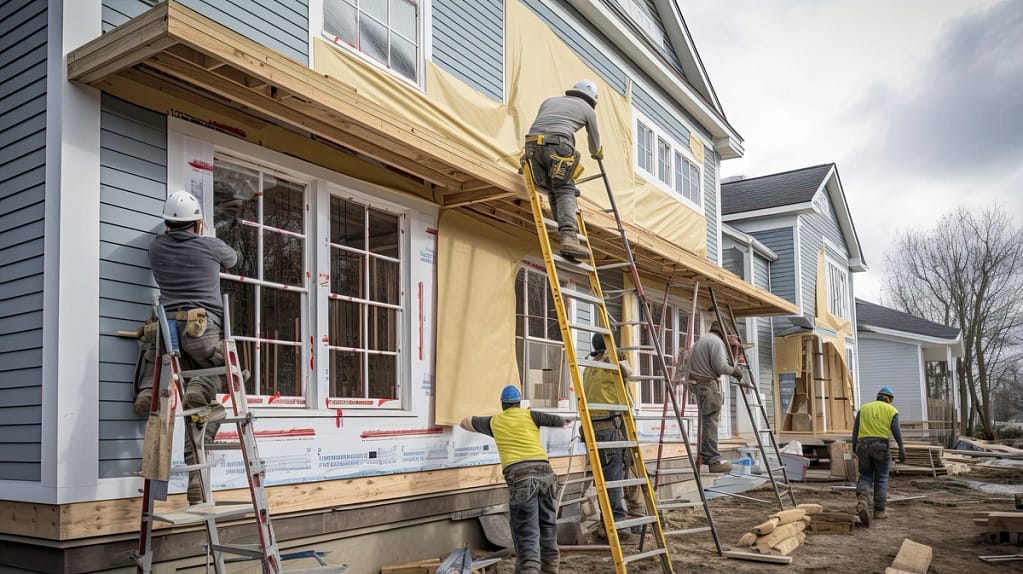 Construction workers install new gray siding on a house