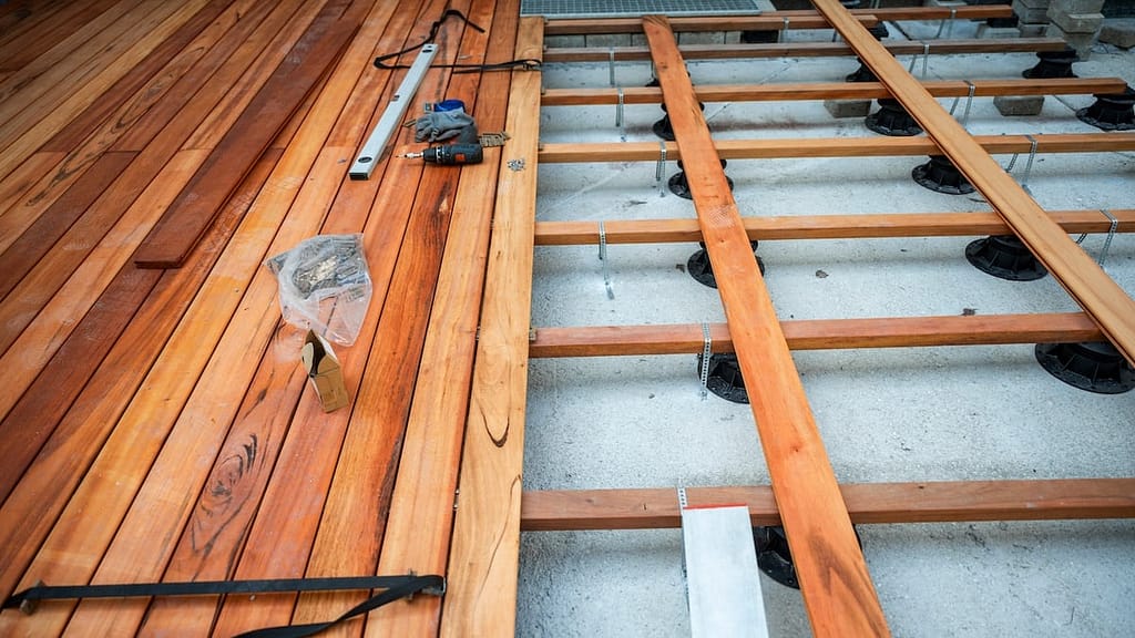 A wooden deck under construction