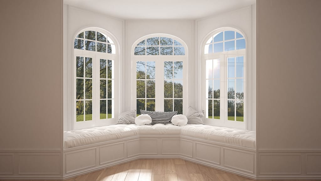 Big window with garden meadow panorama, minimalist empty space, background classic interior design architectural windows