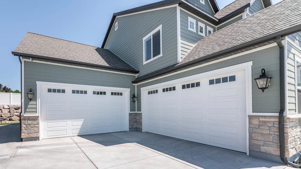 house garage door view with sage siding