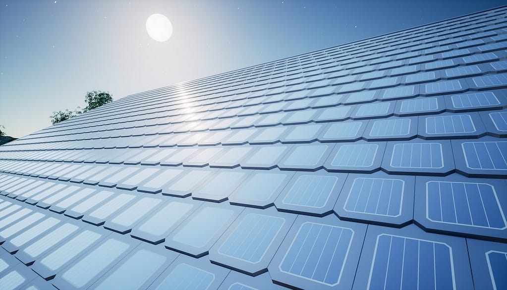 solar or photovoltaic shingles in perspective on roof of home or house building. 
