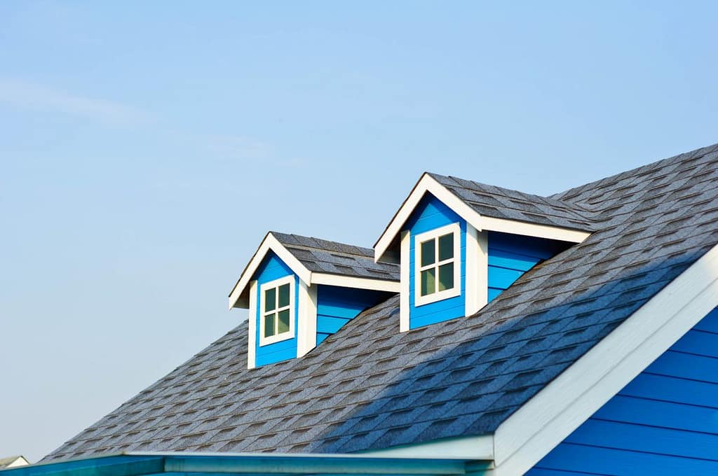 different types of dormers electric blue siding grey shingles