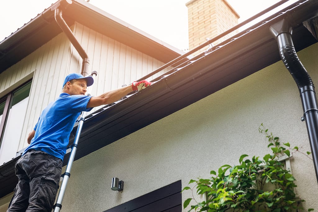 a worker is cleaning gutter