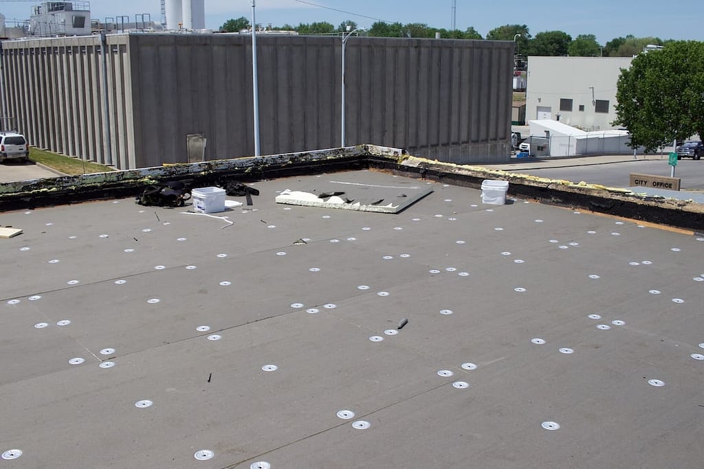 Flat rooftop with gray insulation boards