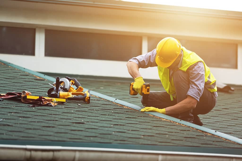 A worker in a yellow hard hat and vest repairing warehouse roof