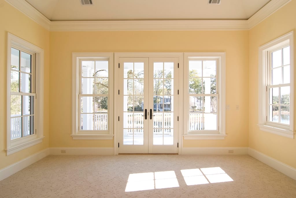 bedroom with windows and doors looking onto porch with view