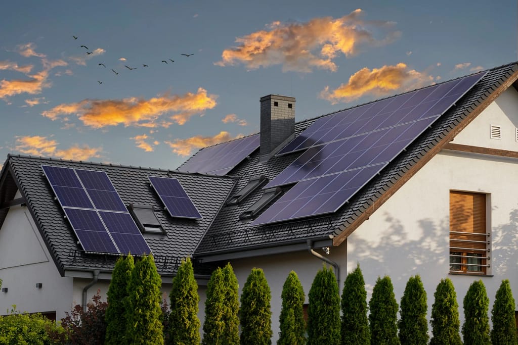 solar panels on a roof at sunset
