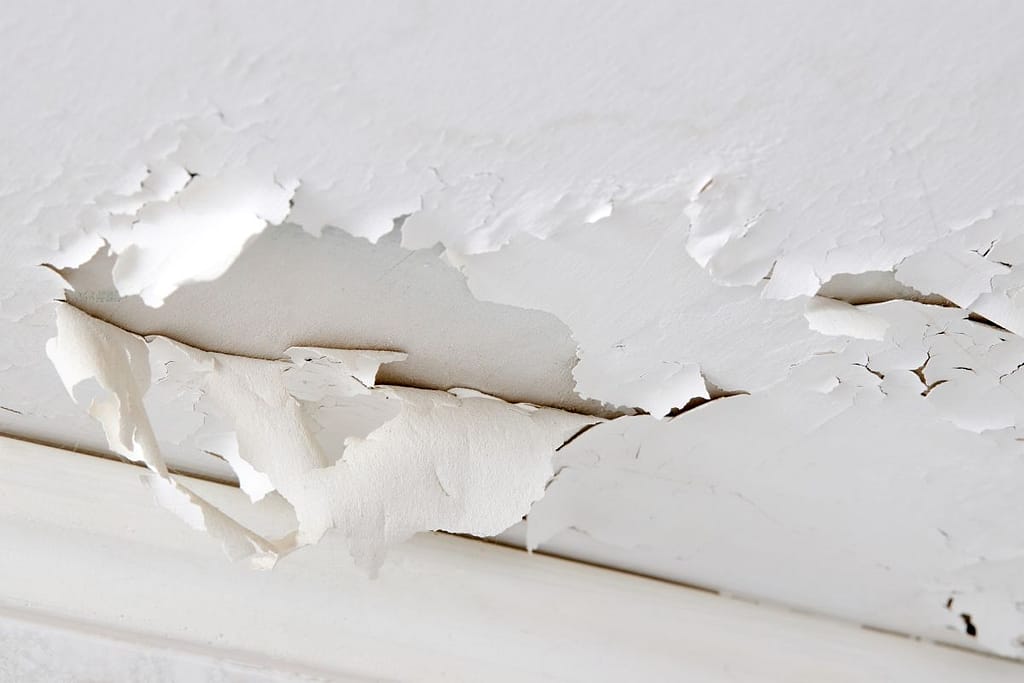 Swelling leaking of whitewash and plaster on ceiling of dwelling due to penetration of water