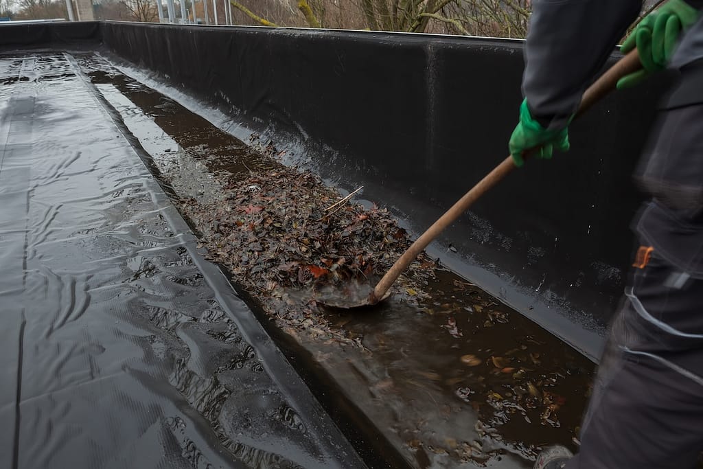 The gutter of a flat roof is full of debris from the trees such as leaves and branches, whit shovel, brush it will clean
