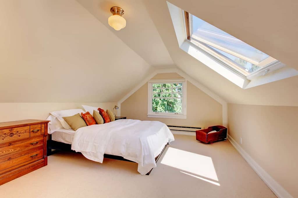bedroom with energy-efficient windows and skylight