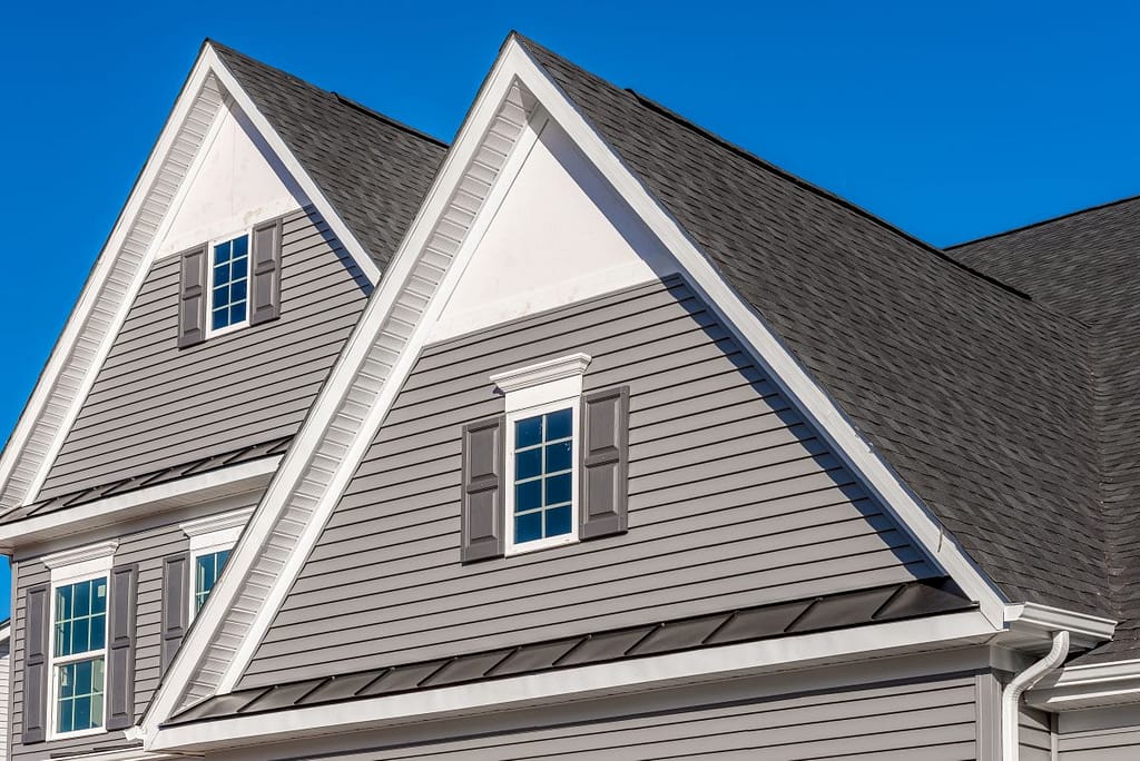 pvc trim boards shingles roof grey siding
