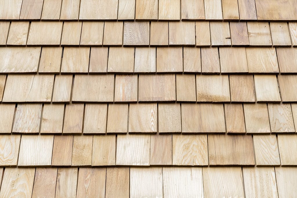 Several wood cedar shingles for siding or roofs.