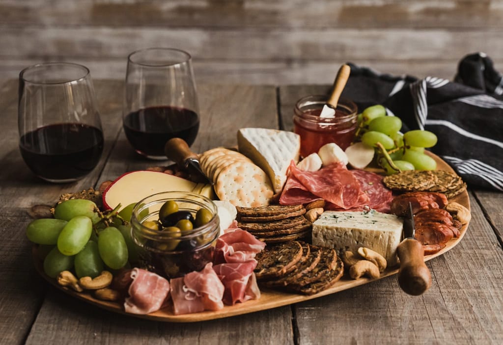 charcuterie and wine at bistro restaurant 
