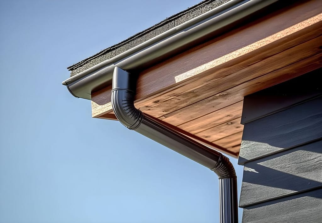 Elegant roofline featuring a modern gutter system and wooden fascia against a clear blue sky, showcasing architectural design and home improvement details