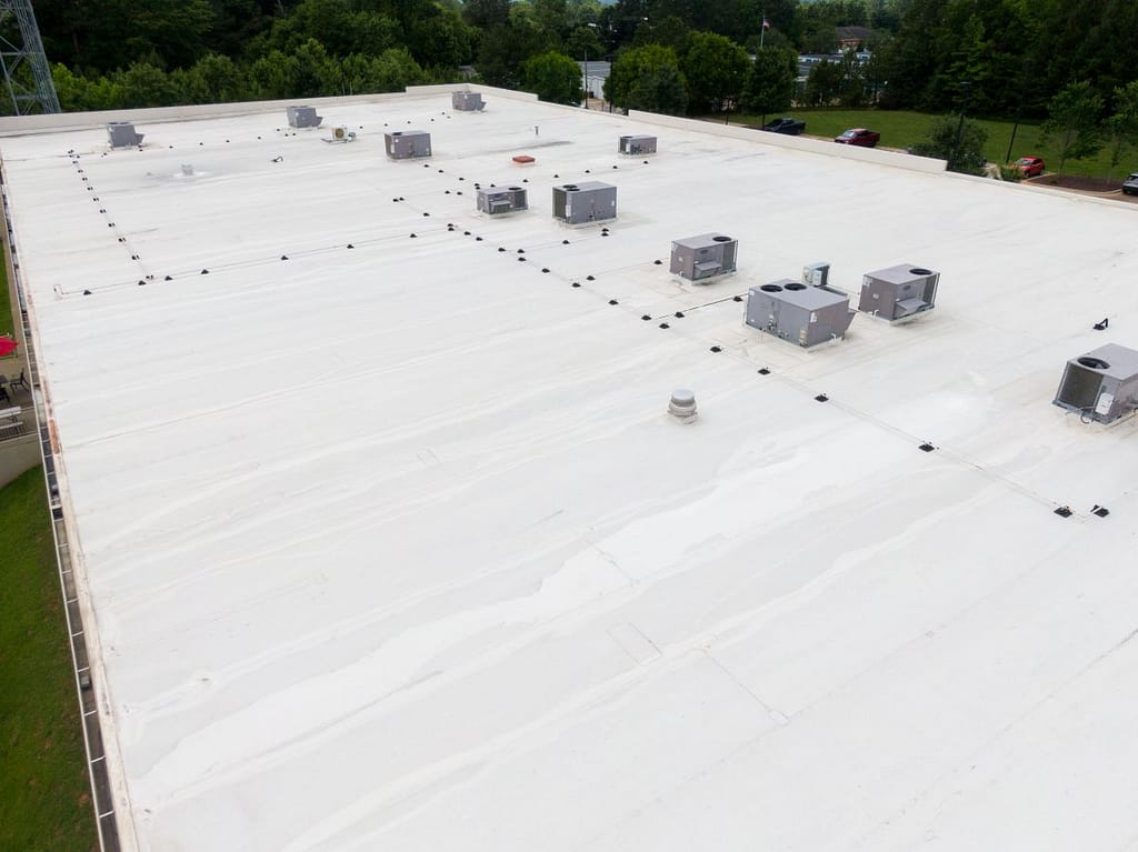 Drone Images of Flat Commercial TPO Roofs, Sunny, No People, Industrial
