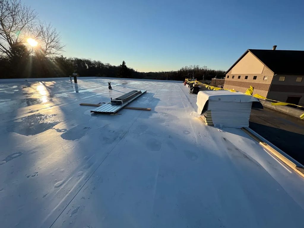 Roof view of newly installed commercial roof replacement
