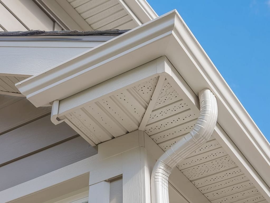 White gutter guard system, fascia, drip edge, soffit, and downspout strap with horizontal vinyl siding