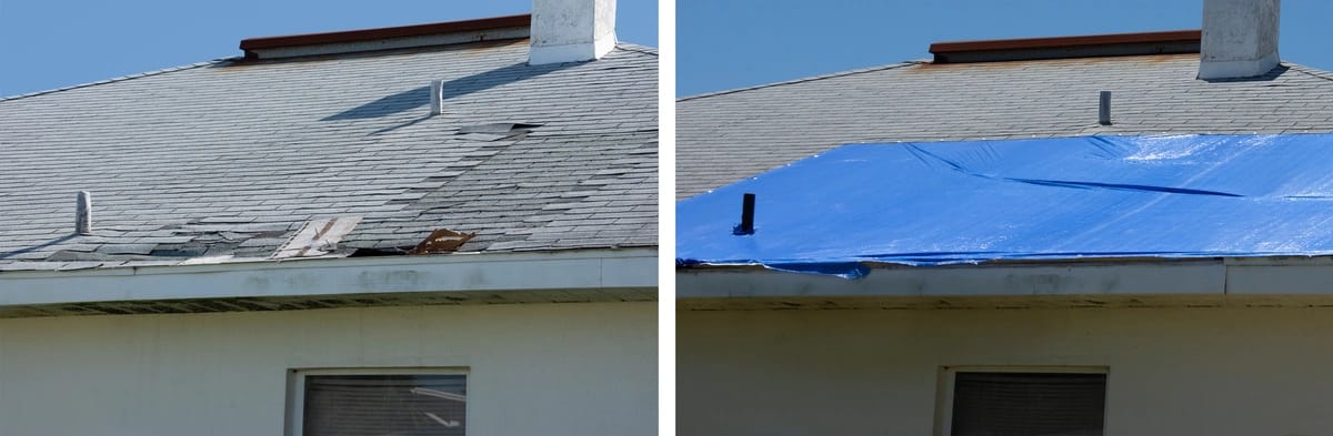 before and after picture showing how to tarp a roof 