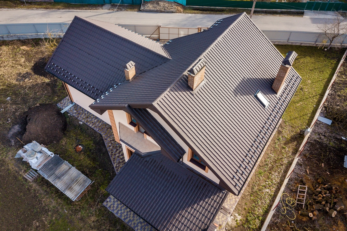 Brown metal roof aerial view