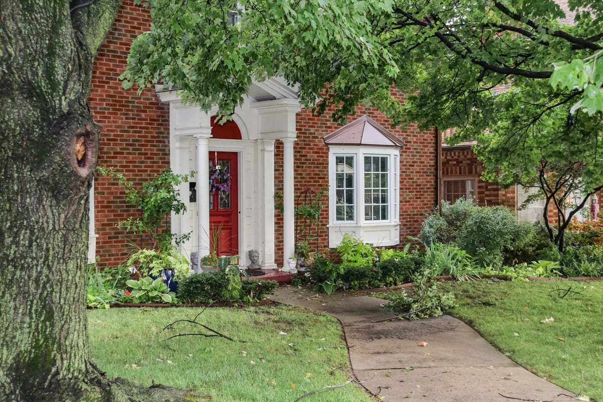 fallen tree branches front on brick house