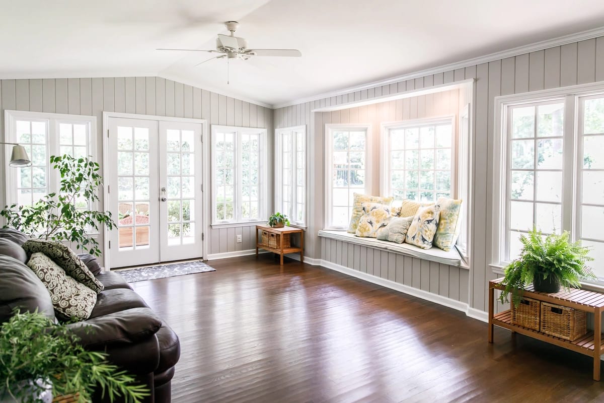 wood floor living room windows