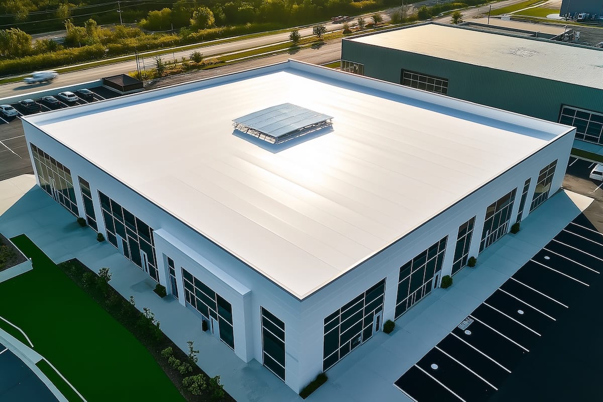 White tpo roof of modern commercial building with skylight at sunset