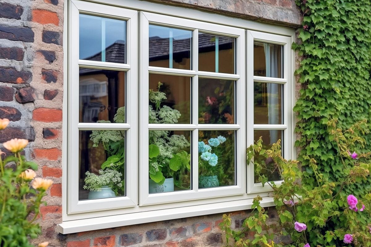 old brick house with new white windows surrounded by greenery