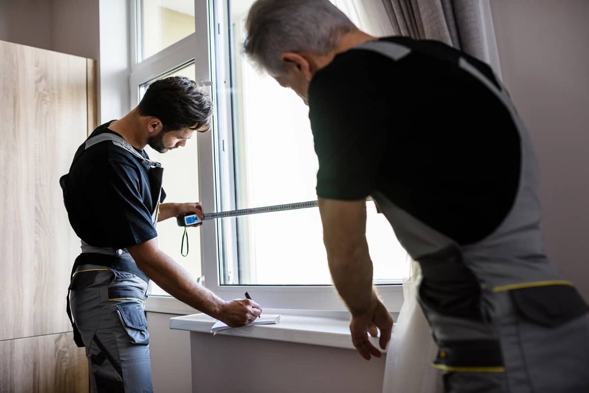 two man measuring house window