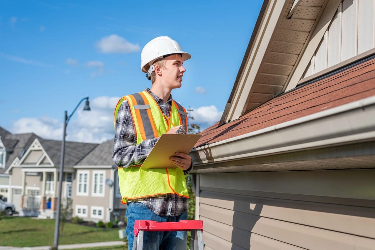 a roofer with a clipboard inspects a roof