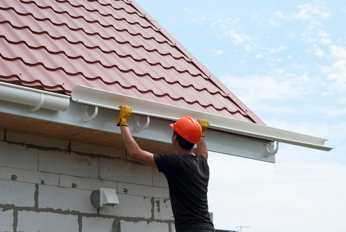 a roofer installs seamless gutters