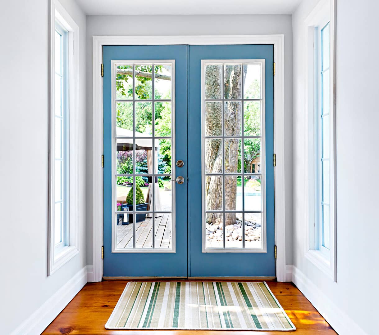 door installation saint matthews ky-interior view of blue french doors against white walls