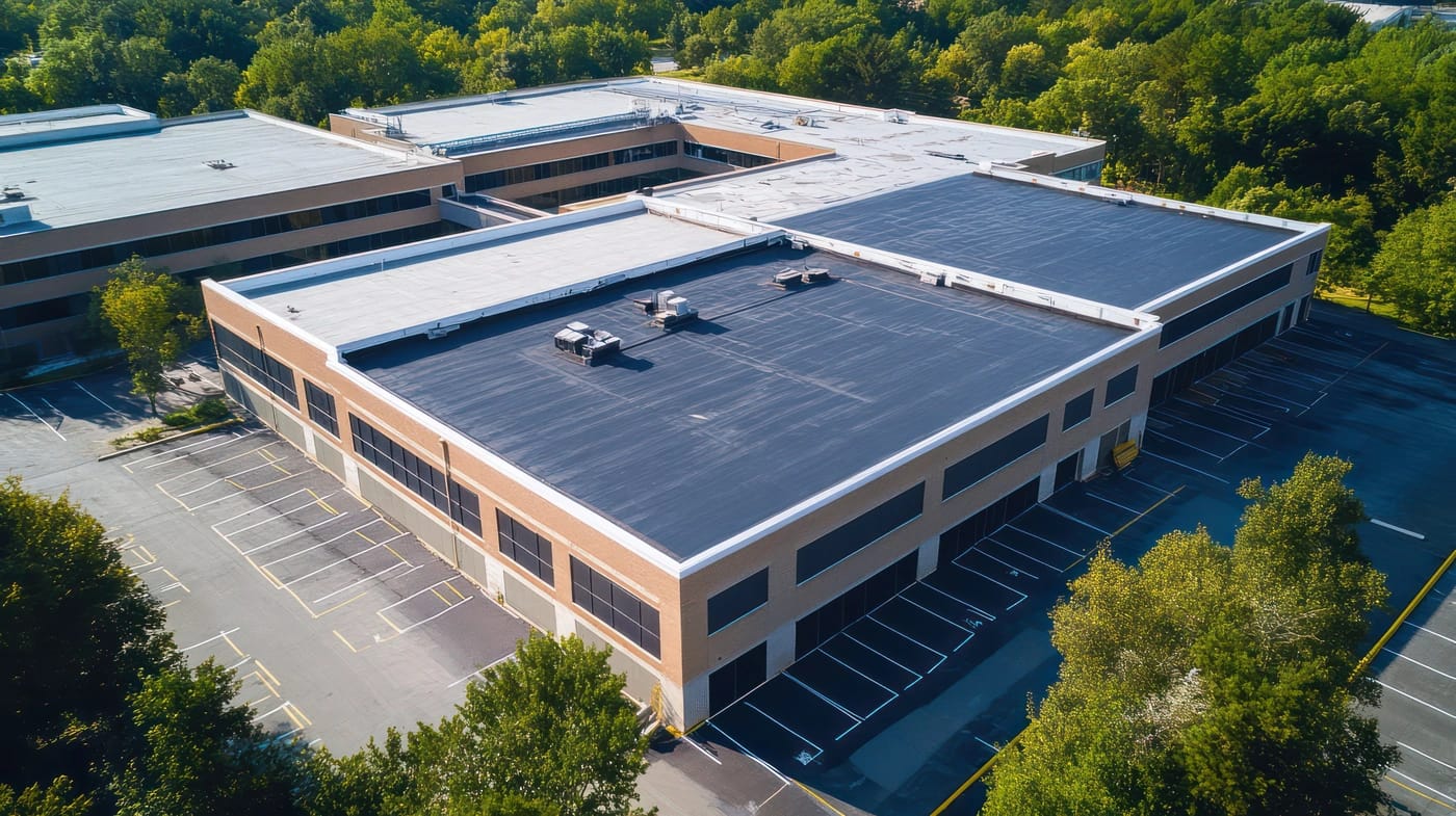 aerial view of epdm roofing system installed in berwyn pa