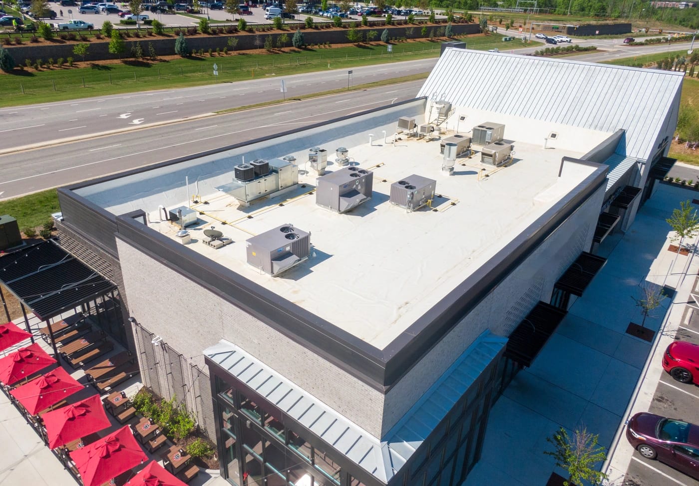 aerial view of new tpo roofing installed on havertown business