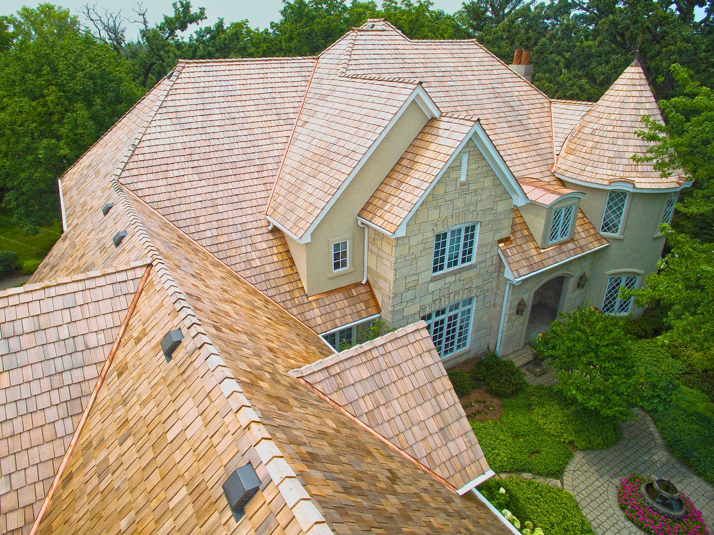Shake Guys cedar roofing installation project - aerial ridge view