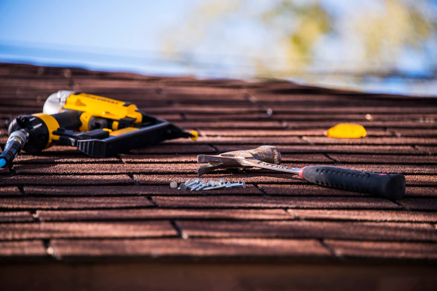 Close-up of roofing tools on a shingled roof, ready to repair or replace your roof. A nail gun, claw hammer, and scattered nails lie in focus, with a blurred tree and blue sky in the background indicating a sunny day.