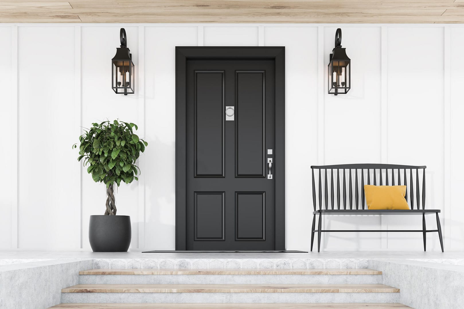 door installation goshen ky-white house with black front door surrounded by a potted tree and a bench