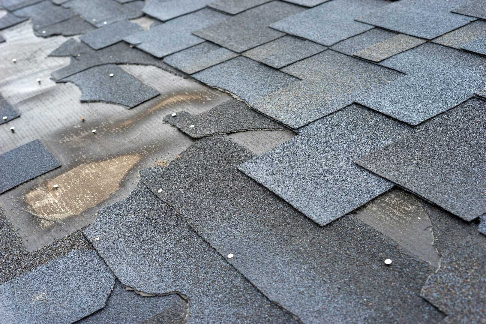 missing shingles-close up of cracked and missing shingles on a house