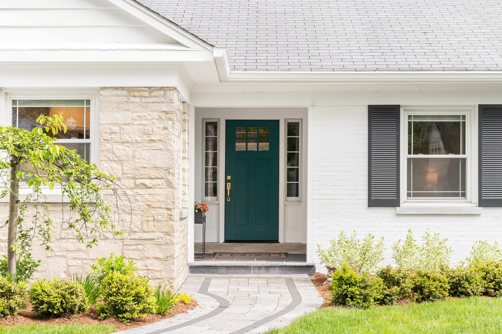 door installation floyds knobs ky-white brick house with dark green front door
